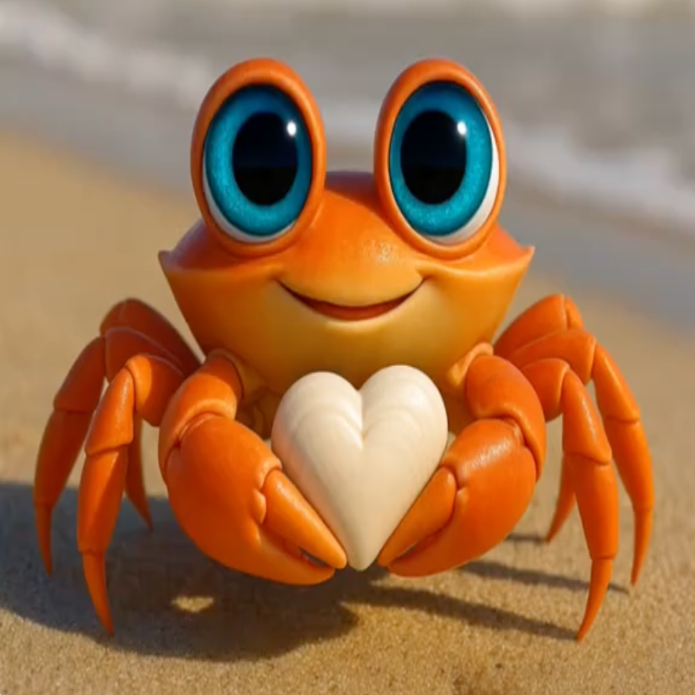crabylove holding a white heart on the beach